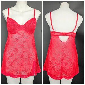 Passion Forever Babydoll Lingerie Womens Medium Red Lace Sheer Chemise Sexy